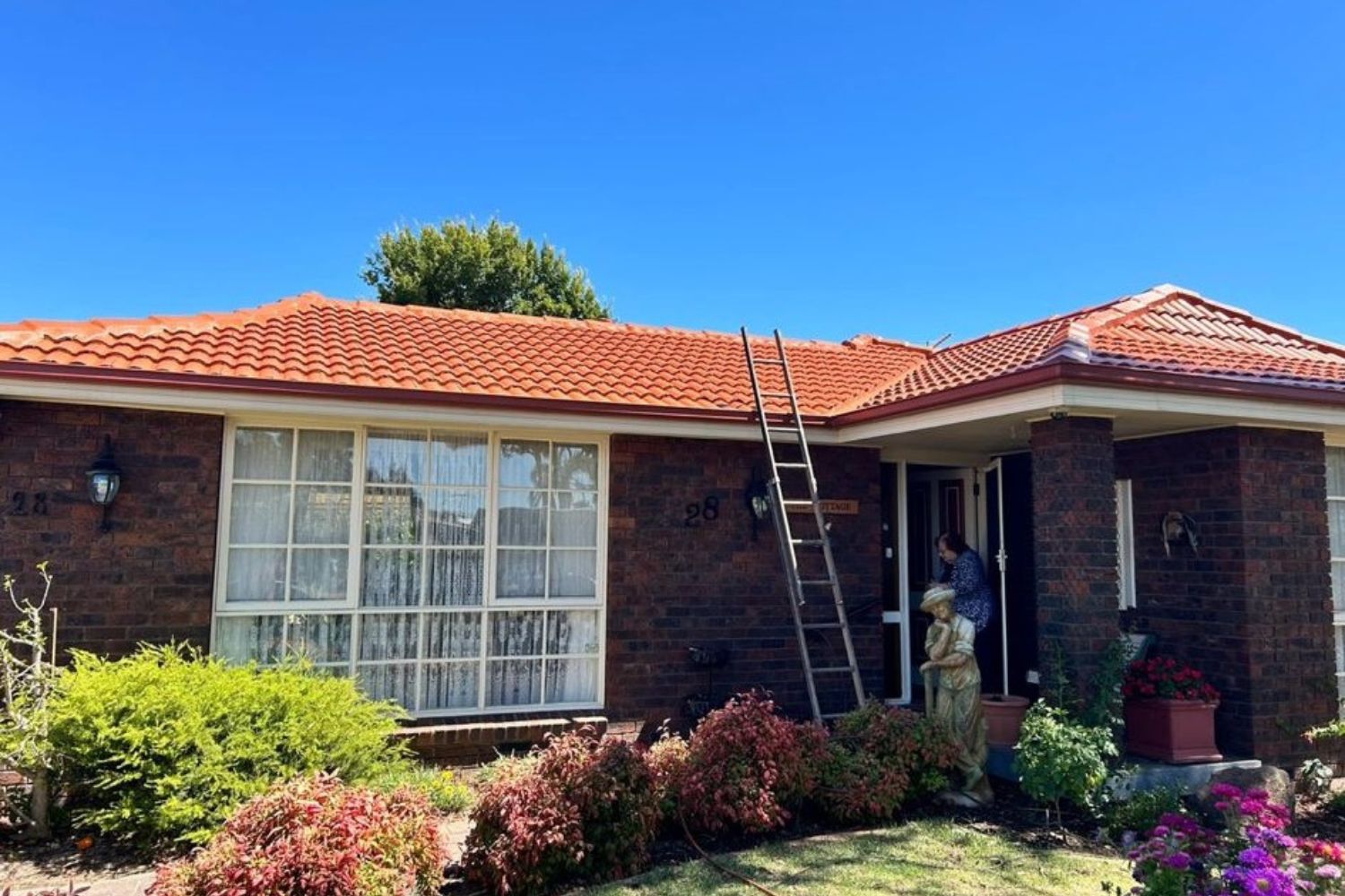 A house featuring a sloped roof with a ladder resting on top, suggesting maintenance or repair work.